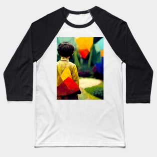 A Boy Holds a Toy in a Colorful Abstract Garden Baseball T-Shirt